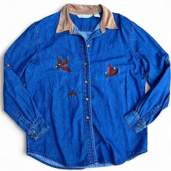 TanJay Jackets & Blazers - 90s TanJay Womens Blue Denim Embroidered Leaves Cabin Core Western Medium Jacket